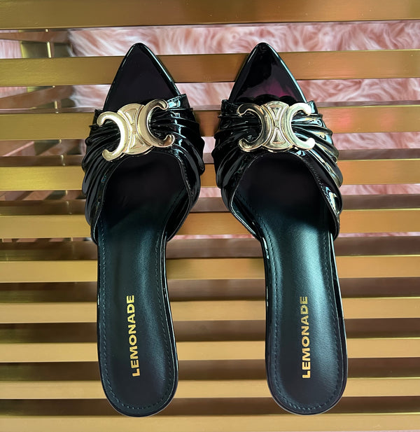 UPGRADE CLASS Black Mule Heel Open Toe Black Faux Leather