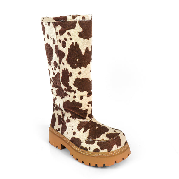 TORRIA-2 COW PRINT CHUNKY TOE WINTER KNEE BOOT