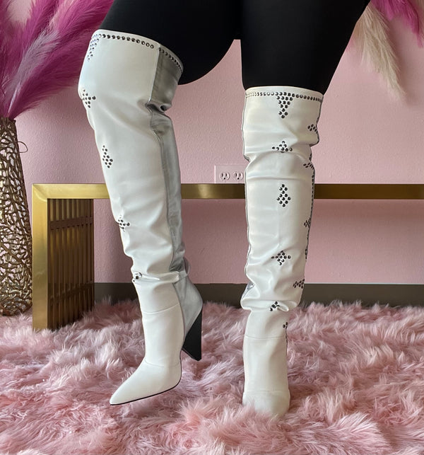 CANT STAND U White/Silver Thigh High