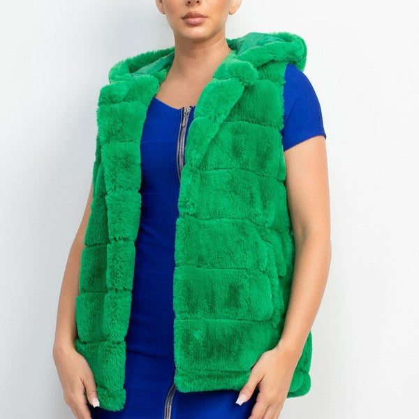 HOODED FAUX FUR VEST Green - ShoeNami