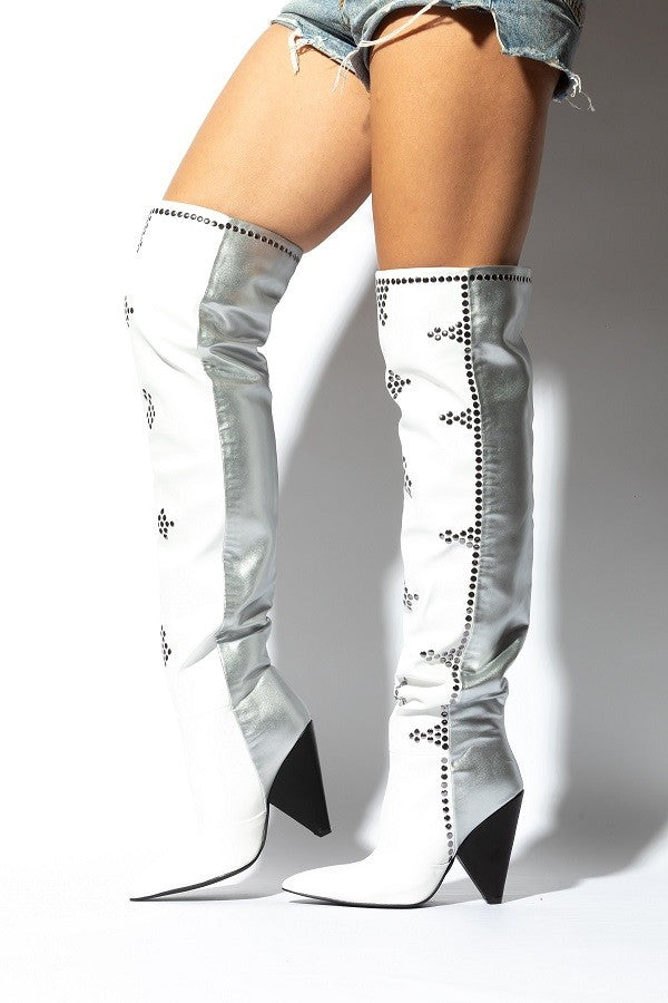 CANT STAND U White/Silver Thigh High