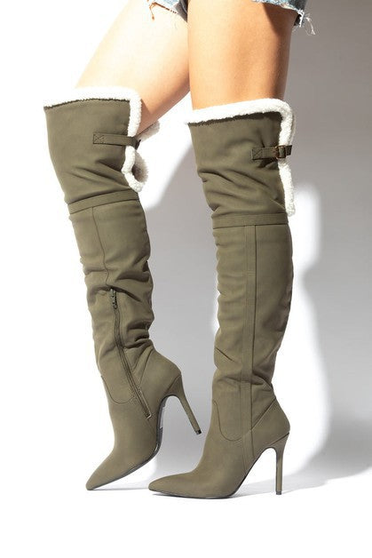 LOVE CIRCLE Olive Green Faux Fur/Nubuck Thigh High Boot