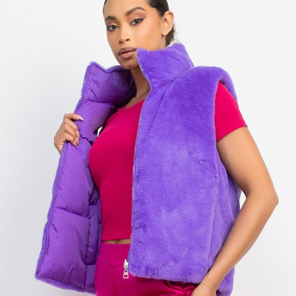 FAUX FUR PUFFER REVERSIBLE VEST Purple - ShoeNami
