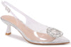 NANCY Clear Silver Pointy Toe Brooch Kitten Heel