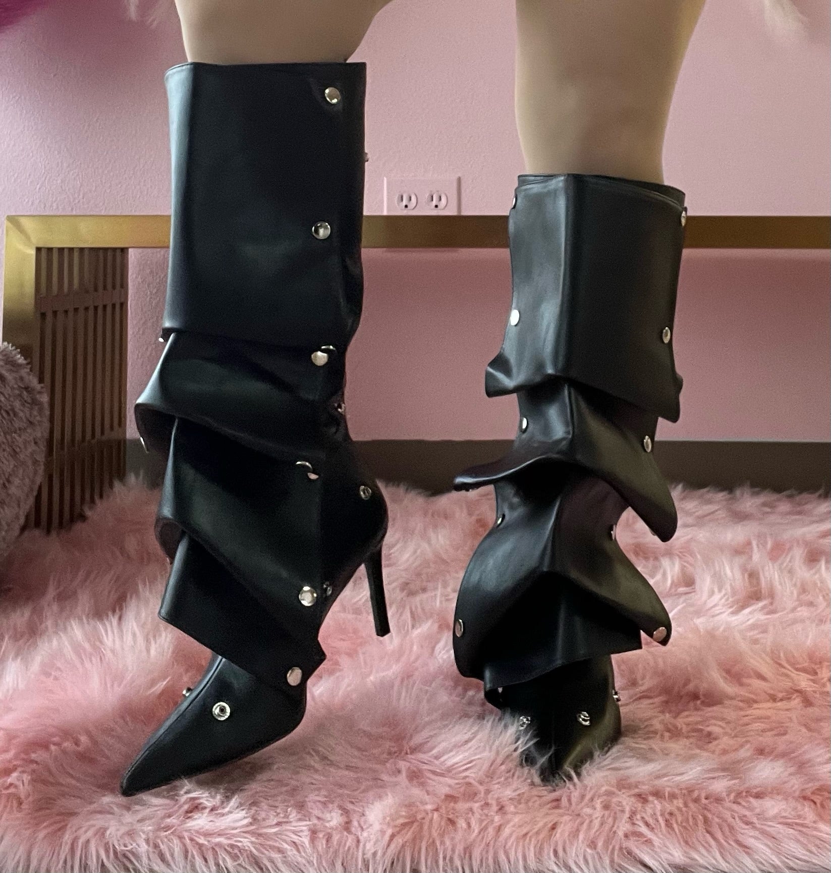 BUMBLE-01 Black Faux Leather Knee High Slouch Boots with Draped Front Panel