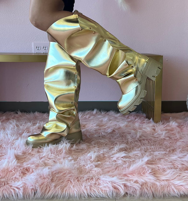 MAGEO-1 Gold Faux Leather Platform Boot - Snap Front Drape Panel - Knee High Boot