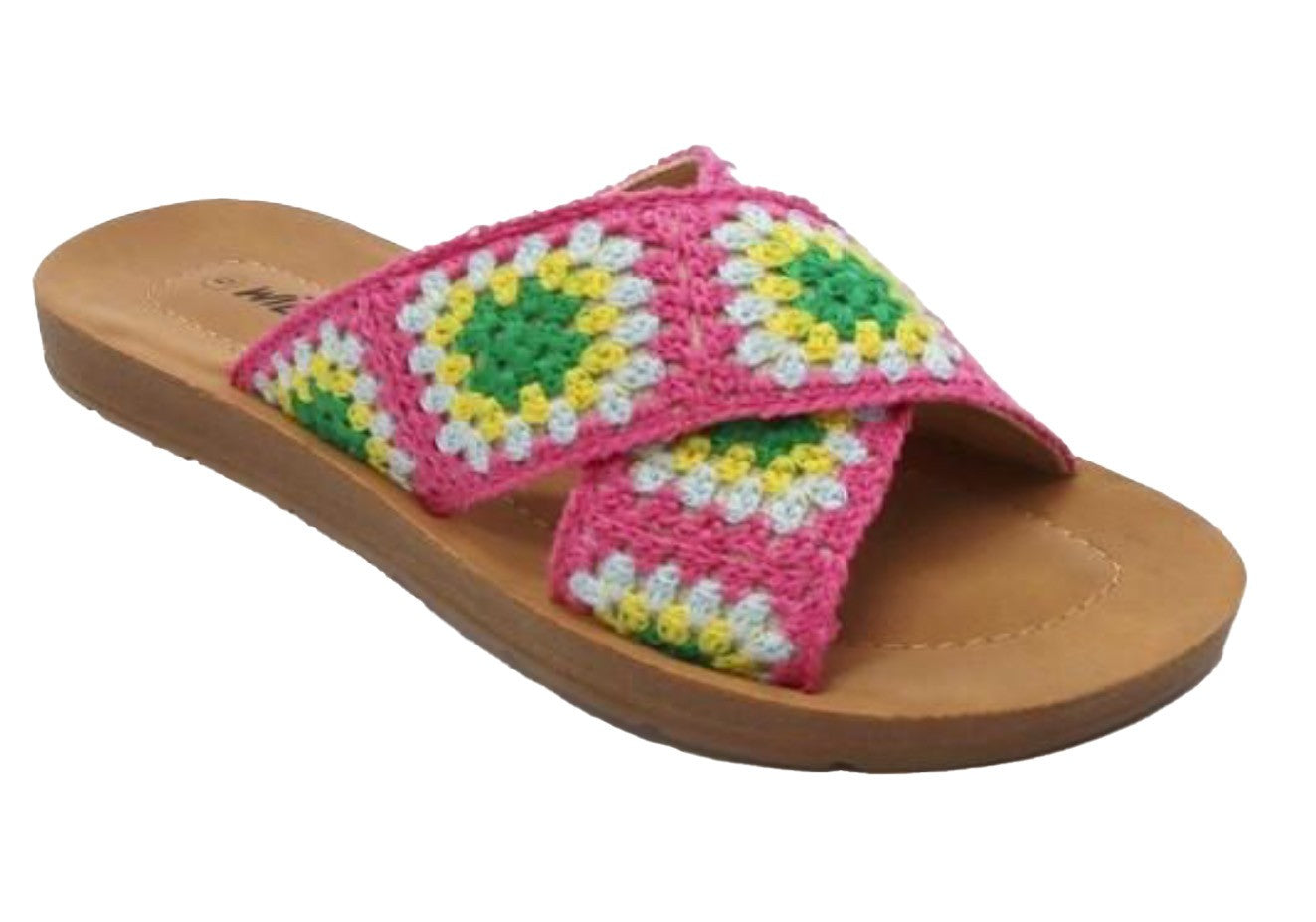 POLABUR-137 Pink Multi Crochet - Open Toe - Criss Cross Straps - Slip-On Slide - Whole Sizes Only