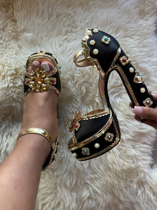 ROYAL-1 AG26 BLACK SATIN PLATFORM CHUNKY HEEL TRIMMED WITH GOLD FAUX LEATHER AND ALL OVER JEWELS