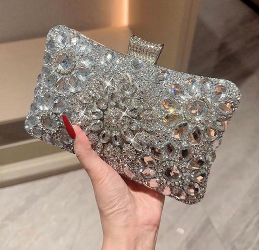 JILL SILVER JEWEL COVERED CLUTCH BAG