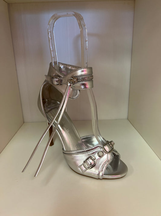BERLIN-525 SILVER METALLIC FAUX LEATHER STILEETO HEEL WITH BUCKLE DETAIL VAMP AND ANKLE CUFF WITH ZIPPER AND TIE DETAIL