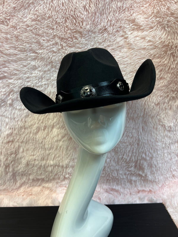 -faux suede cowboy hat in black
-black faux leather band with gunmetal stars detail
-interior ribbon inside hat to customize size
-stiff, sturdy structure