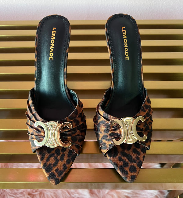 UPGRADE CLASS Leopard Print Mule Heel Open Toe Faux Suede
