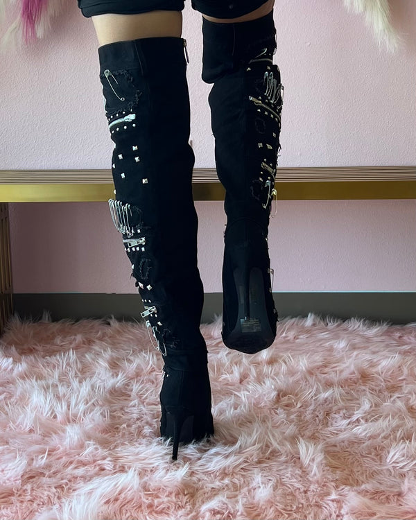 ABILENEA Black Denim Thigh High Boot Heavy Hardware
