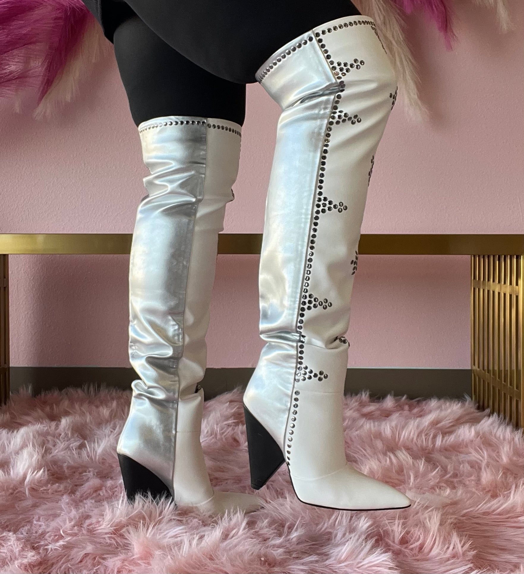 CANT STAND U White/Silver Thigh High