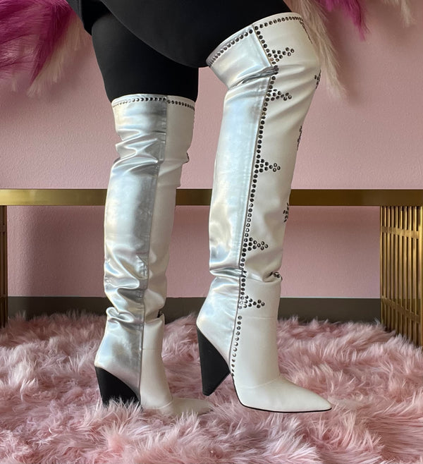 CANT STAND U White/Silver Thigh High
