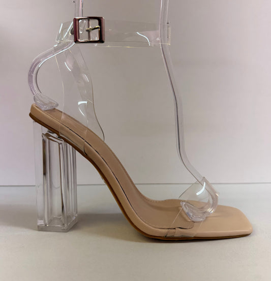 ZURI-01 CLEAR BLOCK HEEL SANDAL WITH BEIGE FOOTBED AND CLEAR VAMP AND ANKLE STRAP