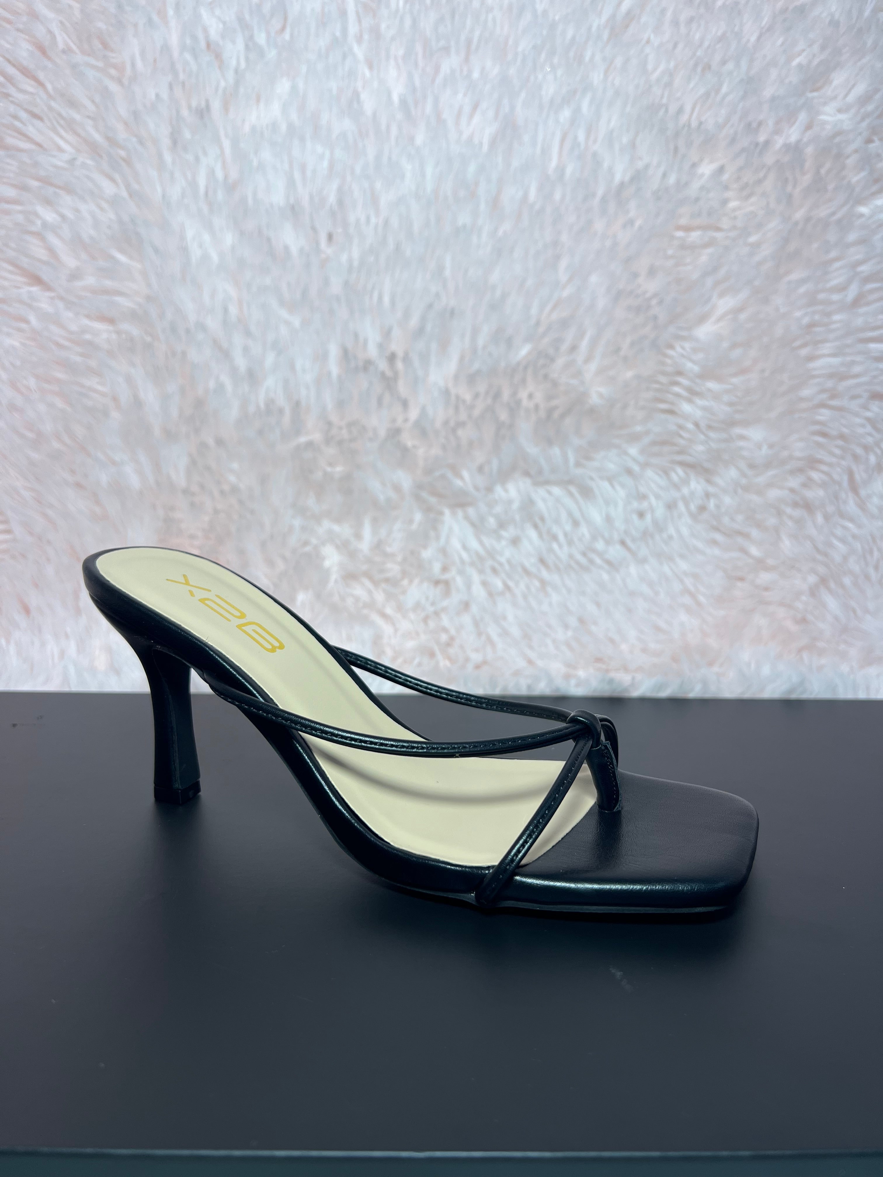 DOVIE-1N Black Kitten Heel Split Toe Black Faux Leather - Slip On - Square Open Toe