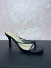 DOVIE-1N Black Kitten Heel Split Toe Black Faux Leather - Slip On - Square Open Toe