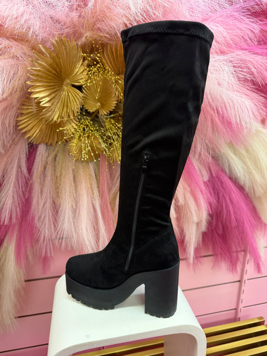 POLAND-04 BLACK FAUX SUEDE KNEE HIGH RUGGED SOLE CHUNKY PLATFORM BOOTS