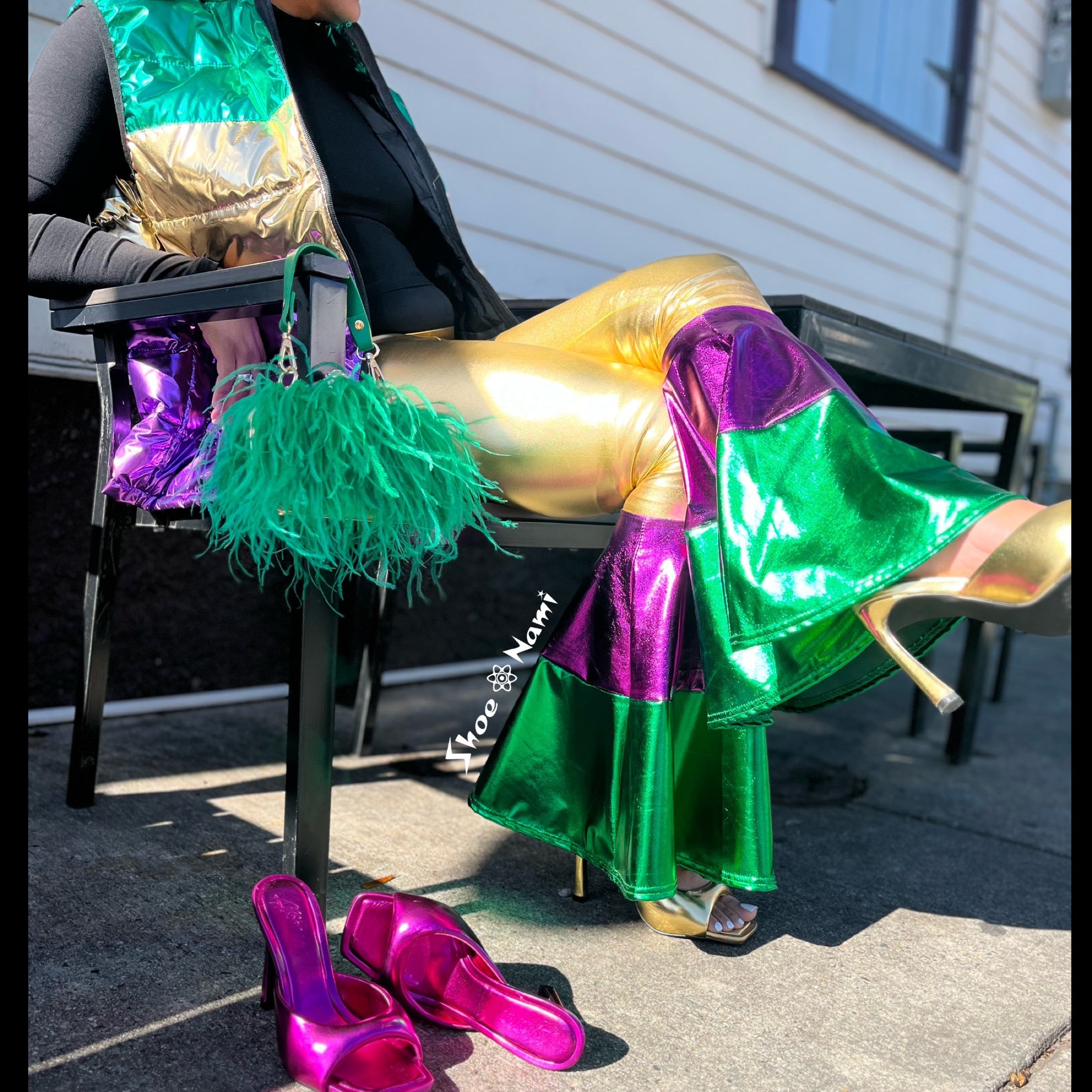 METALLIC MARDI GRAS BELL BOTTOM LEGGINGS - ShoeNami