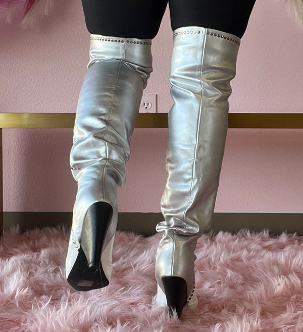 CANT STAND U White/Silver Thigh High