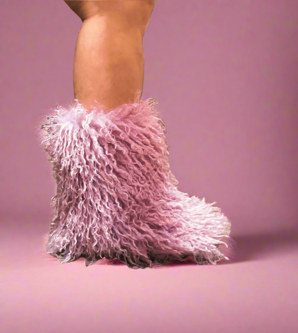 GOGO-3 PINK CURLY FUR SLIP ON BOOTS