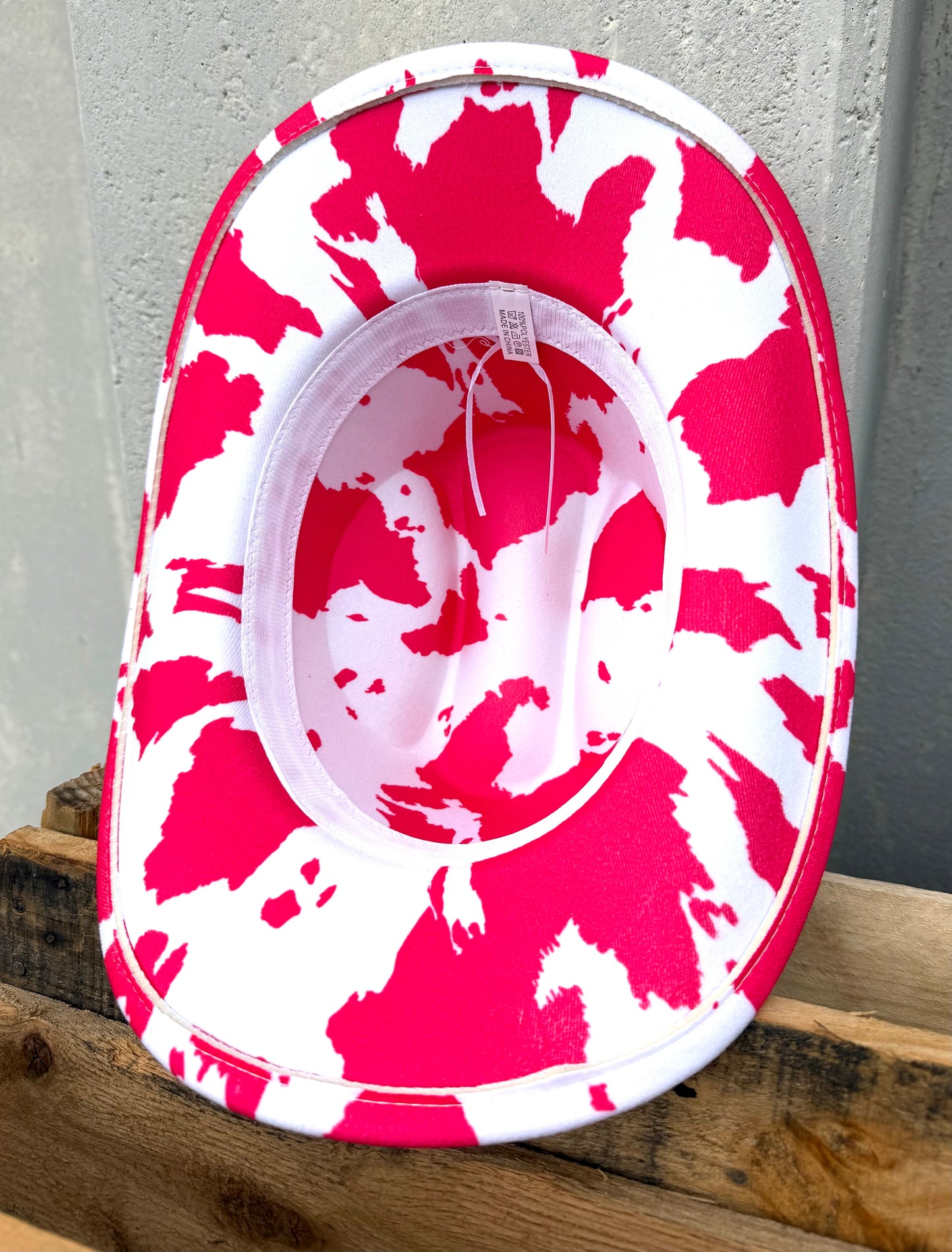 PLAINS HOT PINK AND WHITE FAUX WOOL COW PRINT COWBOY HAT