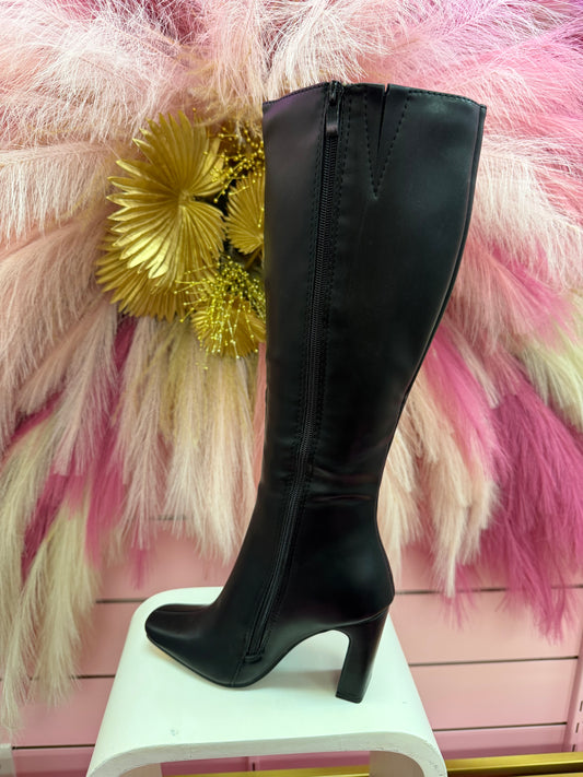 PALM-12 BLACK FAUX LEATHER TAPERED TOE KNEE HIGH BLOCK HEEL BOOTS