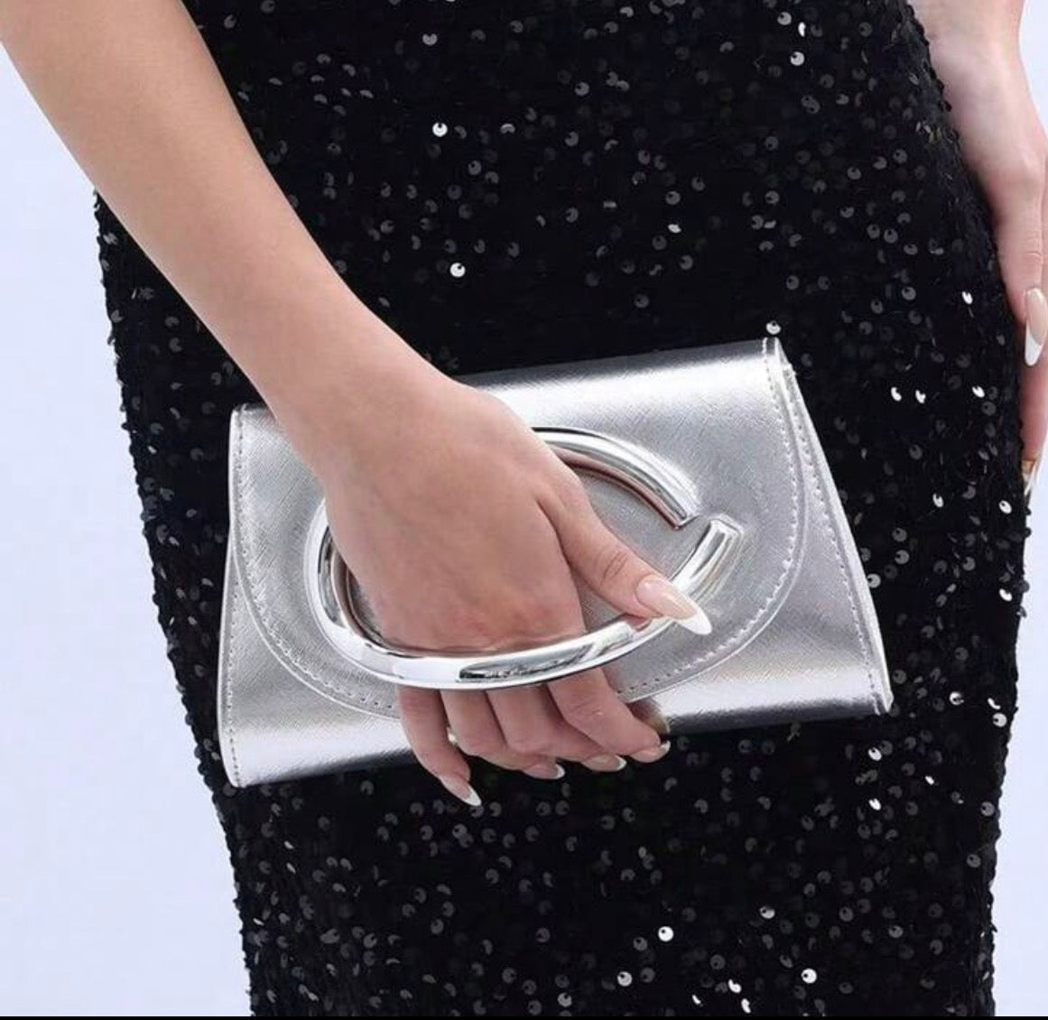 SABRINA SILVER FAUX LEATHER ENVELOPE CLUTCH