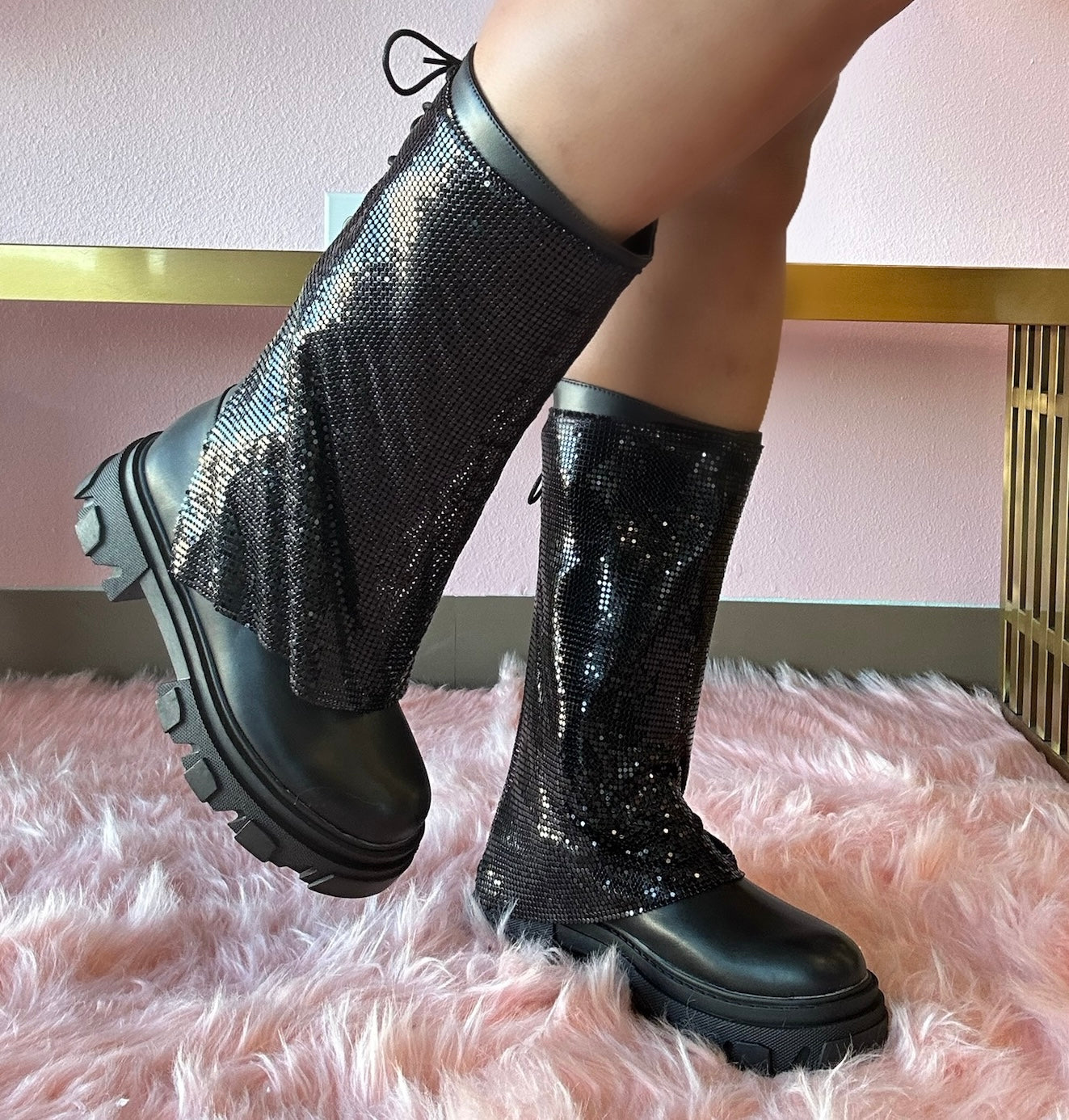 BONIKA Faux Leather Chainmail Sleeve Boot - Chunky Lug Sole & Heel, Approx. 2
