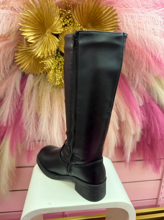 MACEO-22 BLACK FAUX LEATHER KNEE HIGH ROUND TOE BOOTS