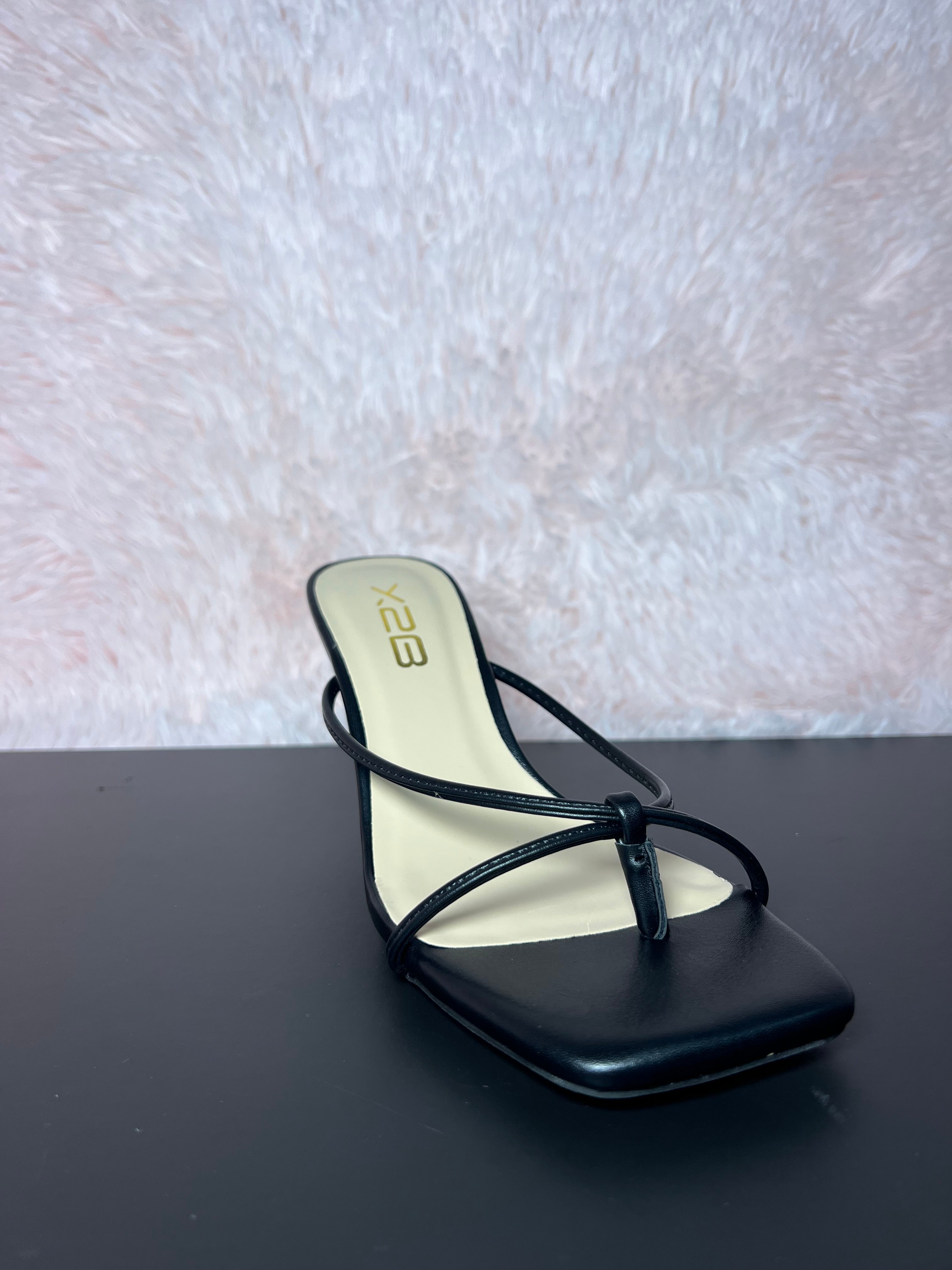DOVIE-1N Black Kitten Heel Split Toe Black Faux Leather - Slip On - Square Open Toe