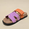 AYO-02 pink
- Pink Multi Sandal with tan footbed
- Open Toe
- Pink Cutout Vamp Detail
- Orange Adjustable Strap with Hook & Loop Closure
- Slip-On Slide
- Flatform Sole, Approx. 1"
- Whole Sizes Only