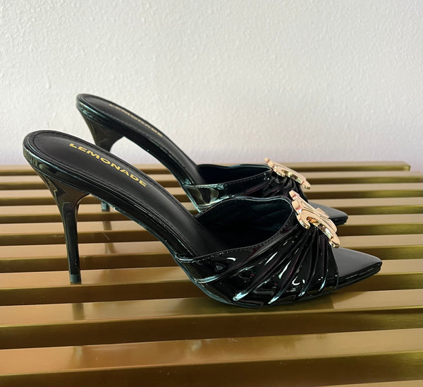 UPGRADE CLASS Black Mule Heel Open Toe Black Faux Leather