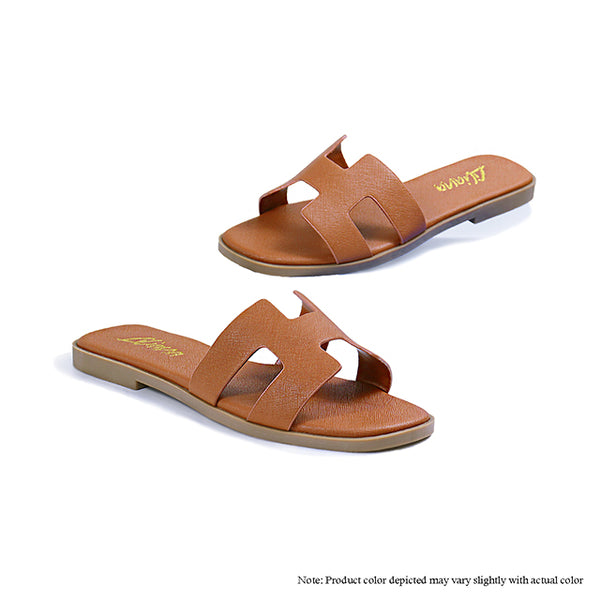 BESTIA-1A
- Tan Faux Leather
- Square Open Toe
- Cutout Details
- Slip-On Slide