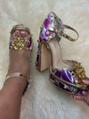 ROYAL-1 Purple Gold Platform Heel Multi Print Satin and Gold Faux Leather Trim