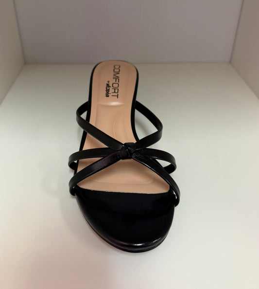 FINNA-01 BLACK PATENT LEATHER STRAPPY SLIP ON MULE KITTEN HEEL