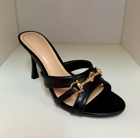 PROWL-07 BLACK FAUX LEATHER STRAPPY SLIP ON MULE STILETTO HEEL WITH GOLD FRONT DETAIL