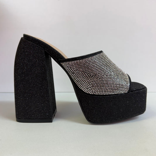 REFRESH-01 BLACK GLITTER FABRIC CHUNKY PLATFORM CURVED BLOCK HEEL MULE WITH THICK RHINESTONE VAMP