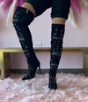 ABILENEA Black Denim Thigh High Boot Heavy Hardware