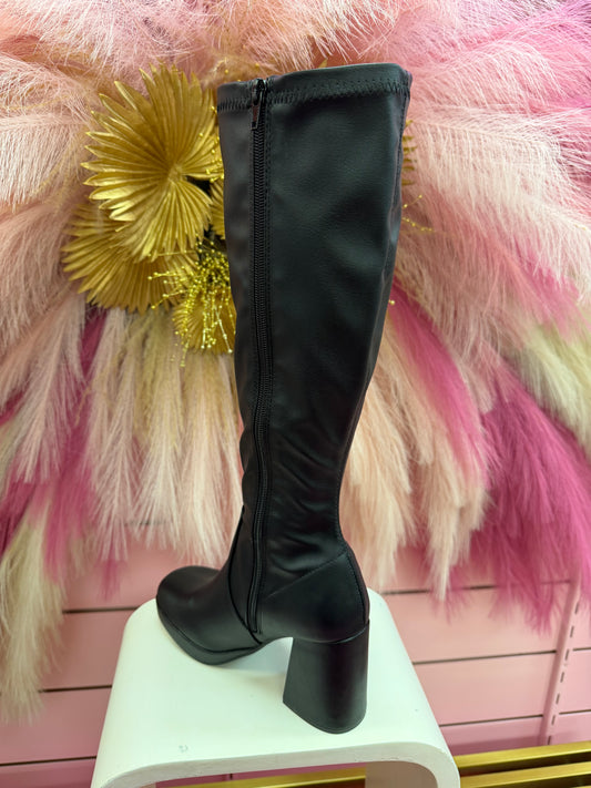 YOLA-02 BLACK FAUX LEATHER KNEE HIGH BLOCK HEEL PLATFORM BOOT