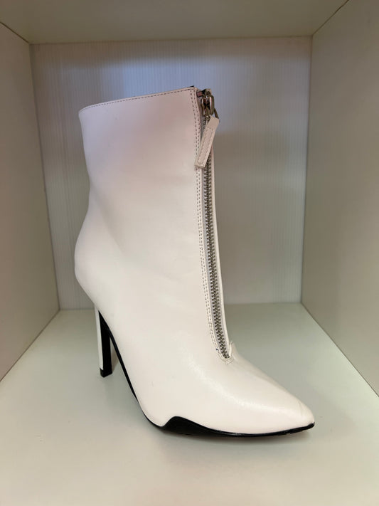 SHYY-02 WHITE FAUX LEATHER POINTY TOE STILETTO BOOTIE WITH FRONT ZIPPER