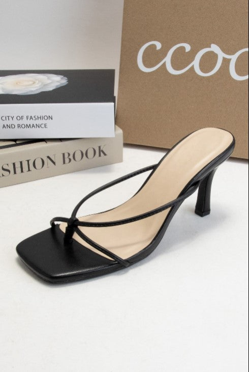 DOVIE-1N Black Kitten Heel Split Toe Black Faux Leather - Slip On - Square Open Toe