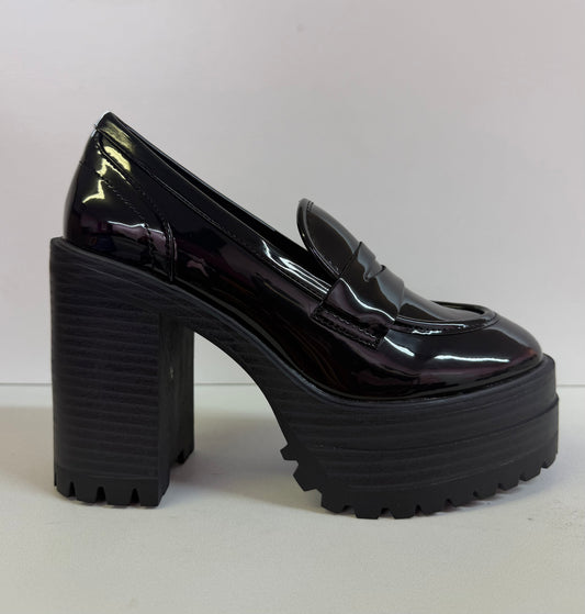 MANILA-03 BLACK PATENT PLATFORM BLOCK HEEL ROUND TOE LOAFERS