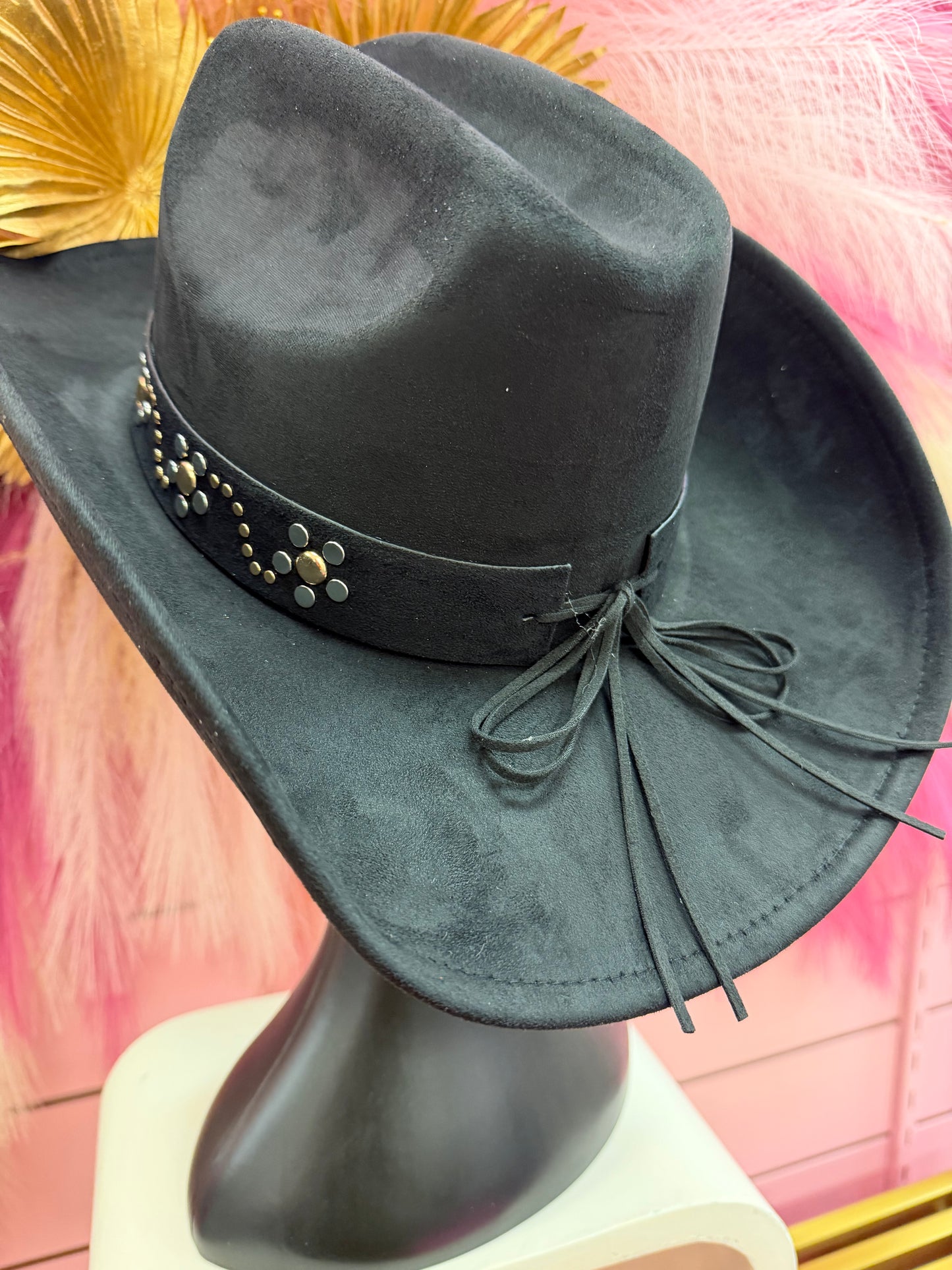 BRIONNE BLACK FAUX SUEDE COWBOY HAT WITH GOLD AND SILVER STUD BAND DESIGN