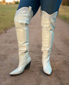 EVERYWHERE-3 white
- White Faux Leather Cowboy Boot
- Rhinestone Detail
- Pointy Toe Thigh High
- Cone Stacked Heel, Approx. 3.5"