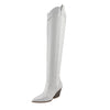 EVERYWHERE-3 white
- White Faux Leather Cowboy Boot
- Rhinestone Detail
- Pointy Toe Thigh High
- Cone Stacked Heel, Approx. 3.5"