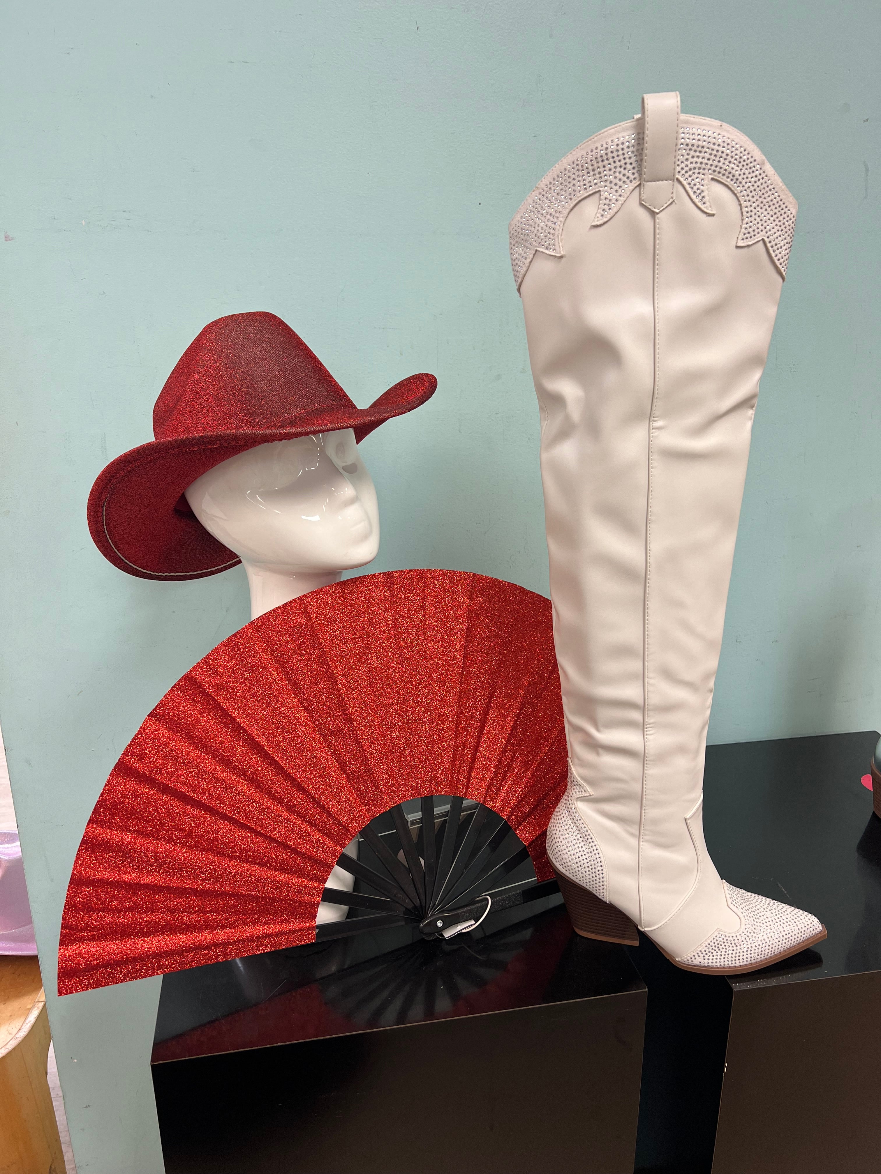 EVERYWHERE-3 white
- White Faux Leather Cowboy Boot
- Rhinestone Detail
- Pointy Toe Thigh High
- Cone Stacked Heel, Approx. 3.5