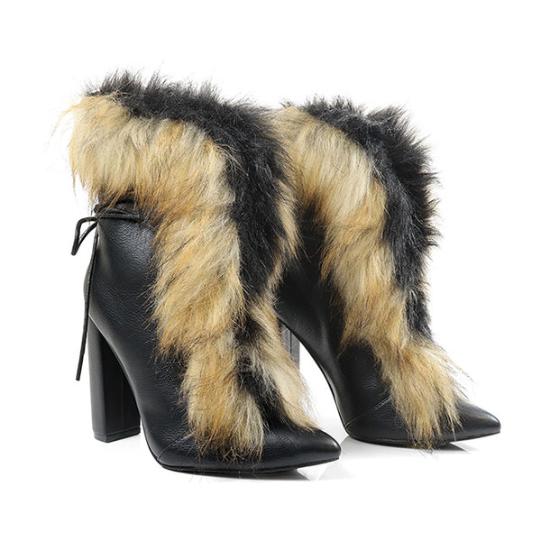 FANCY-2 Black Faux Leather and Faux Fur Bootie - Pointy Toe