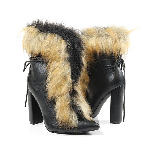 FANCY-2 Black Faux Leather and Faux Fur Bootie - Pointy Toe